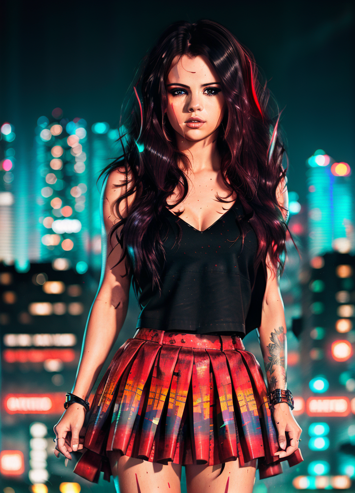 07376-3319615123-Portrait of a woman in cyberpunk, red skirt, city and buildings in the background,, _Carne Griffiths__.png